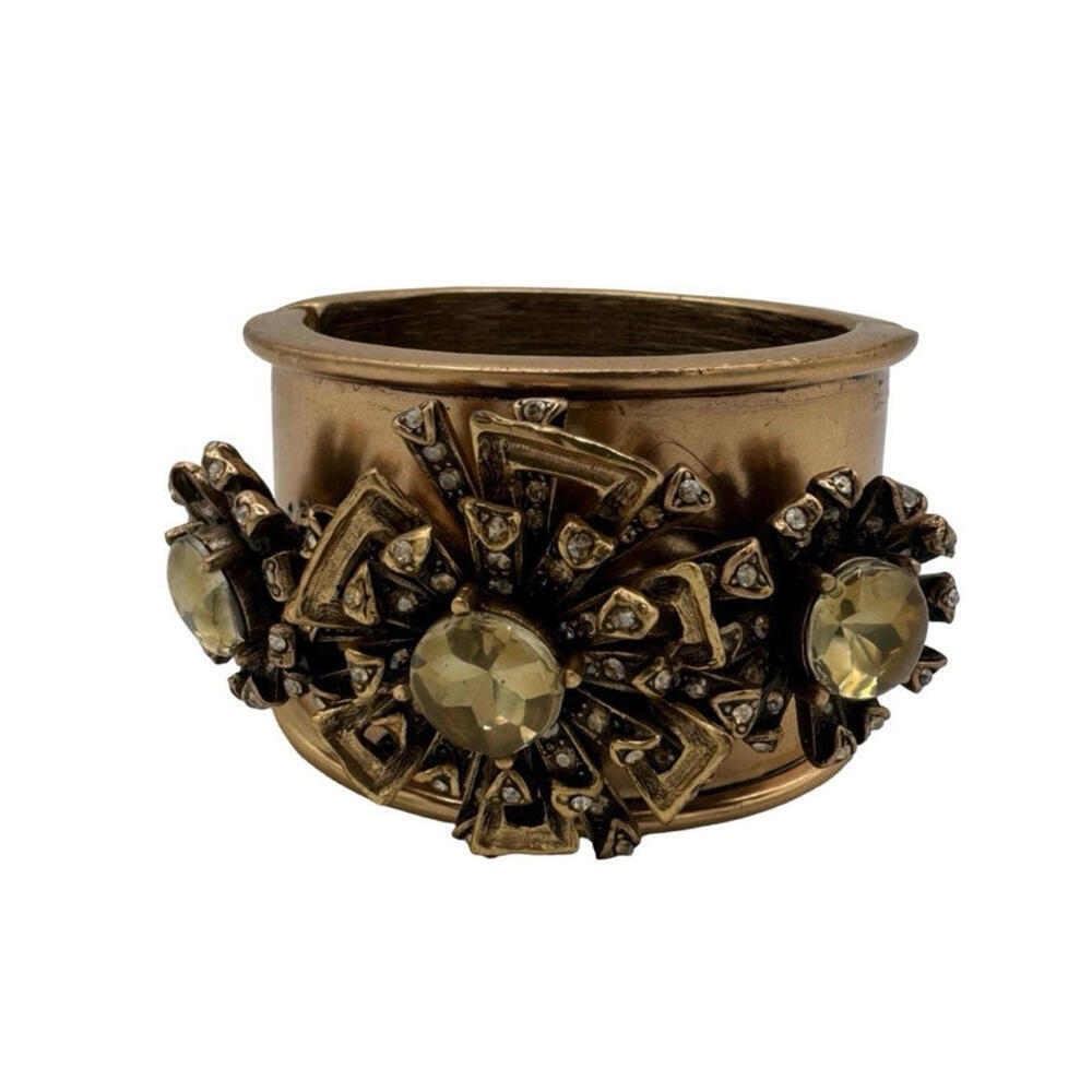 Oscar De La Renta Vintage Cuff Bracelet Floral Brass Gold Tone